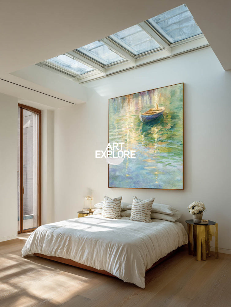 Original Impressionist Lakeside Painting With Rowboat For Elegant Living Room Wall Art