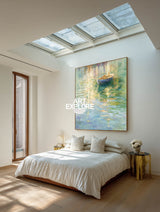 Original Impressionist Lakeside Painting With Rowboat For Elegant Living Room Wall Art
