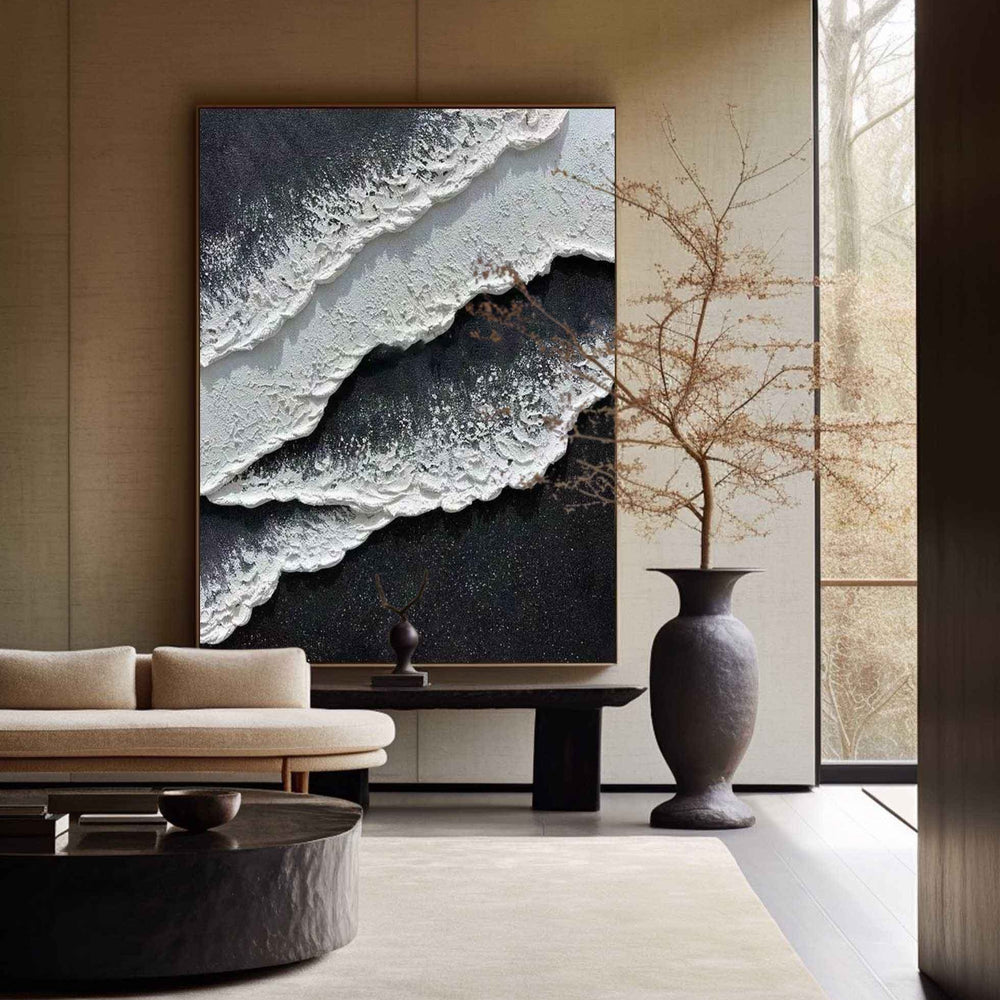 Black And White Plaster Painting Black Seashore Wall Art Painting Plaster Textured Art Painting
