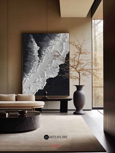 Black And White Plaster Painting Black Seashore Wall Art Painting Plaster Textured Art Painting