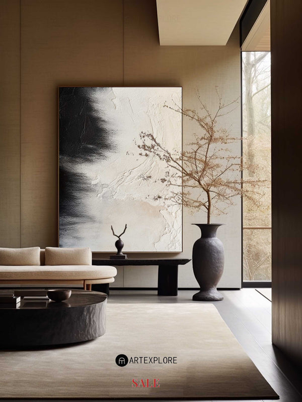 Large Black and Beige Painting Seashore Wall Art Rich Textured Art Painting For Sale