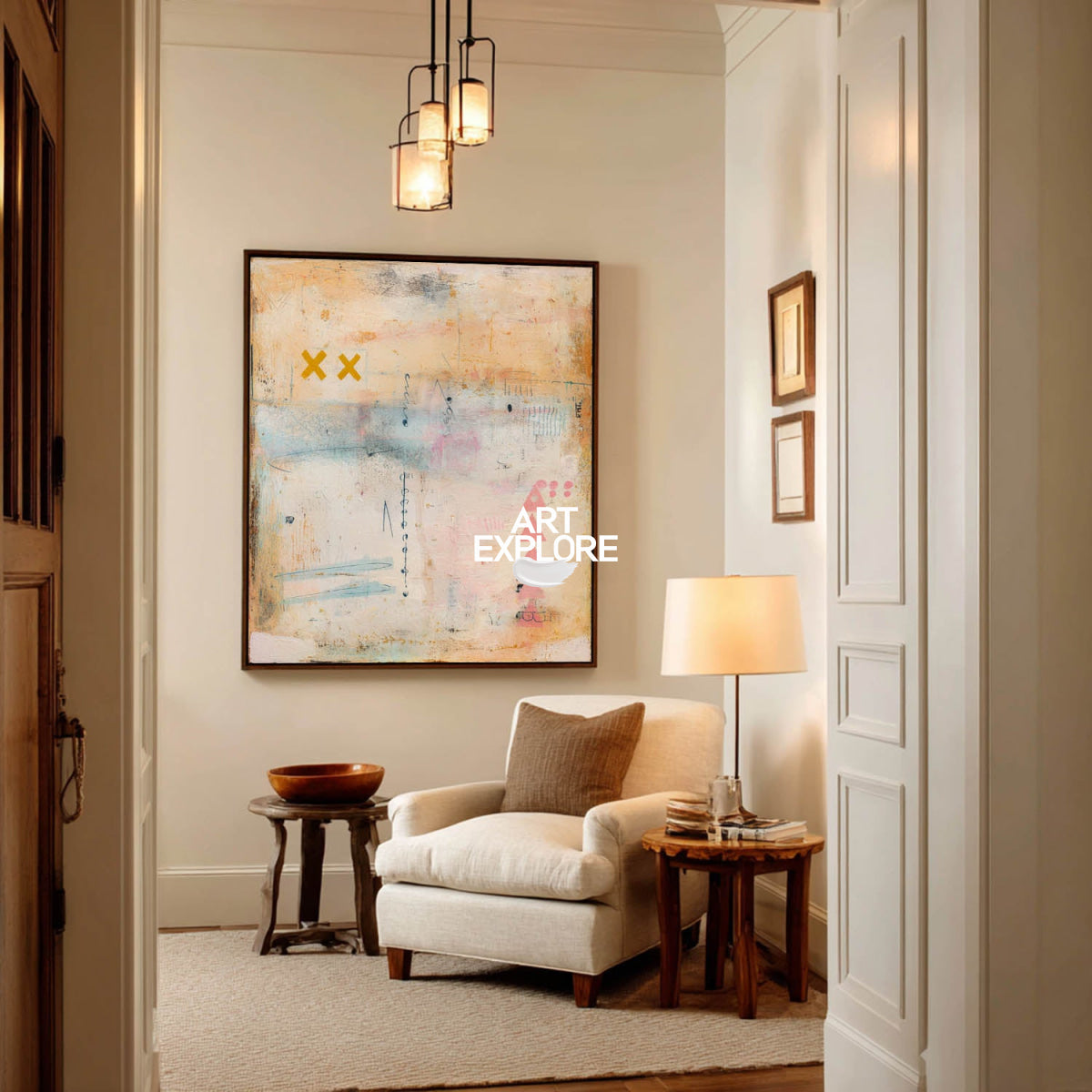 Modern Abstract Art Painting Beige And Pink For Contemporary Living Room Decor