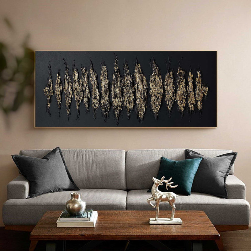 Large Black and Gold Abstract Art Minimalist Wall Art, Panoramic Canvas Wall Art Acrylic Painting