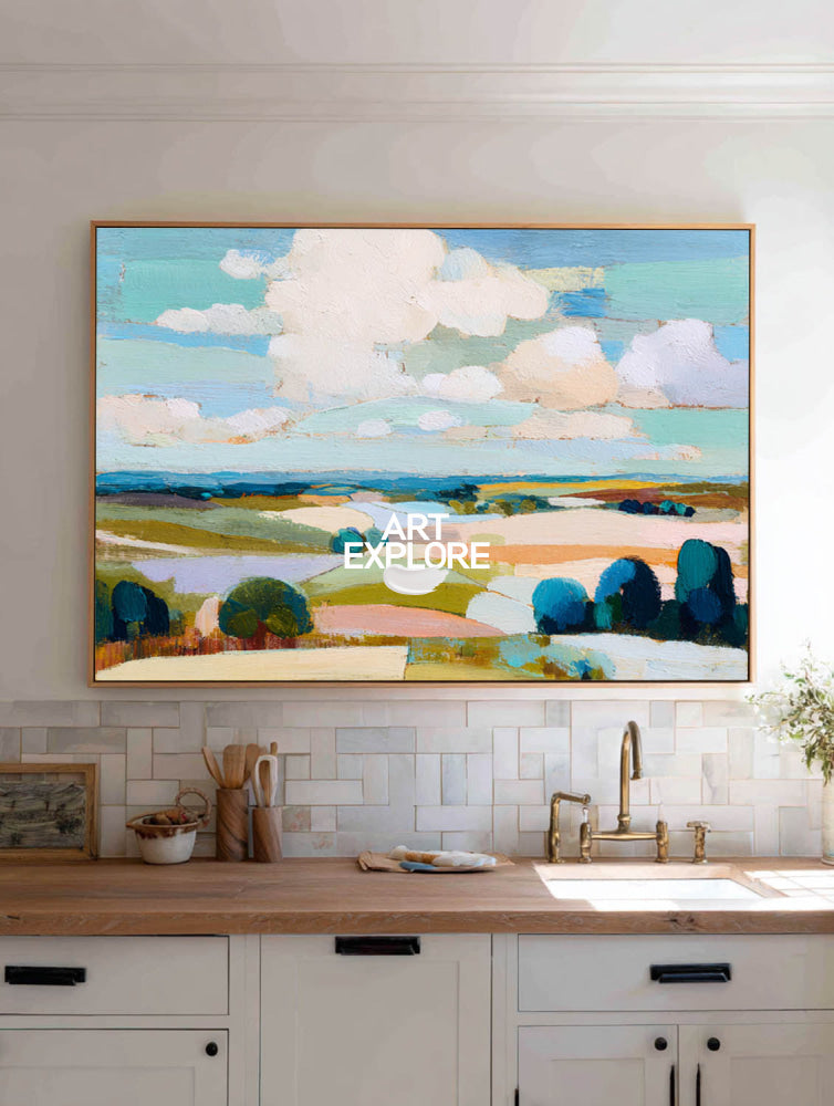 Contemporary Textured Landscape Painting With Blue Green Fields For Modern Home Decor