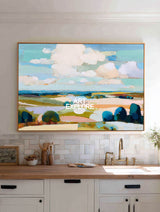 Contemporary Textured Landscape Painting With Blue Green Fields For Modern Home Decor