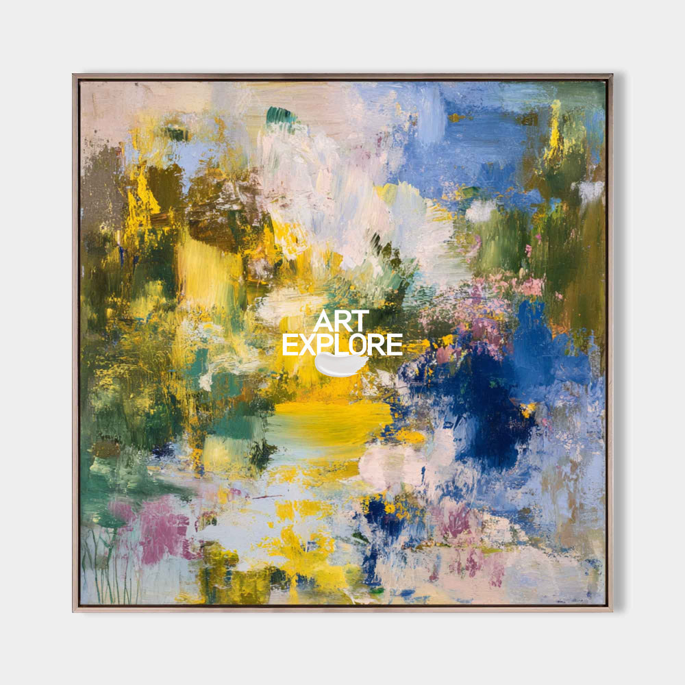 Vibrant Yellow And Blue Abstract Art Original Oil Painting On Linen Canvas For Modern Living Room Decor
