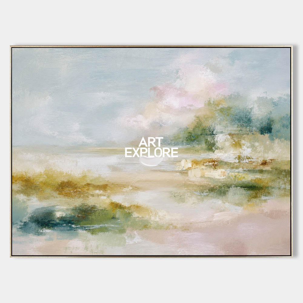 Abstract Coastal Landscape Painting With Textured Brushwork For Modern Home Decor
