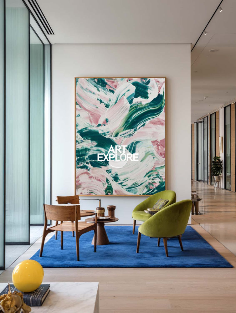 Textured Abstract Wall Art In Emerald Green And Soft Pink For Contemporary Home