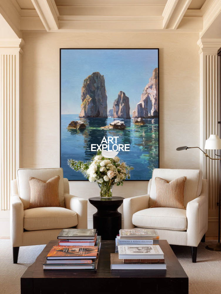 Abstract Seascape Art With Textured Rocks And Calm Blue Water For Office Decor