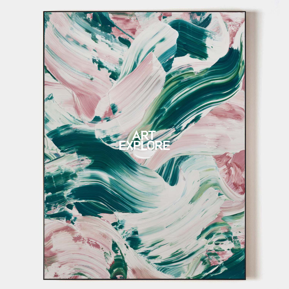 Textured Abstract Wall Art In Emerald Green And Soft Pink For Contemporary Home