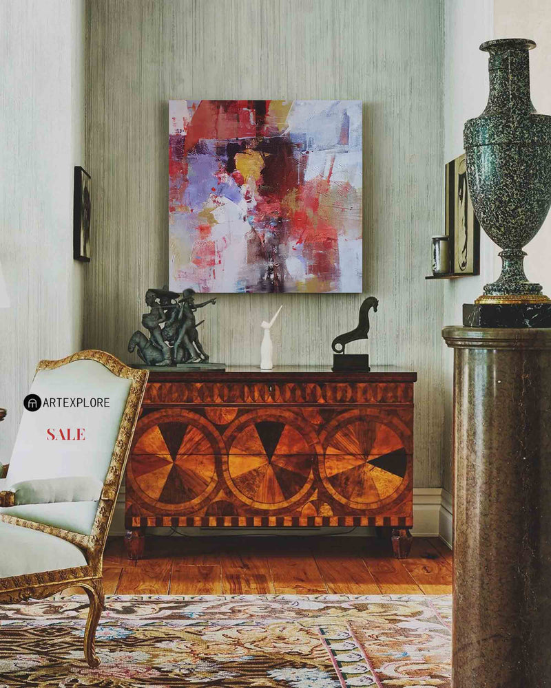 Red Abstract Canvas Art Red Square Wall Art Modern Red Painting Framed Canvas Painting 