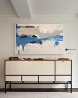 Large Blue Plaster Abstract Painting Minimalist Rich Textured Painting Horizontal Framed Painting
