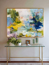Large Abstract Impressionist Painting With Blue And Yellow Tones For Modern Living Room Decor