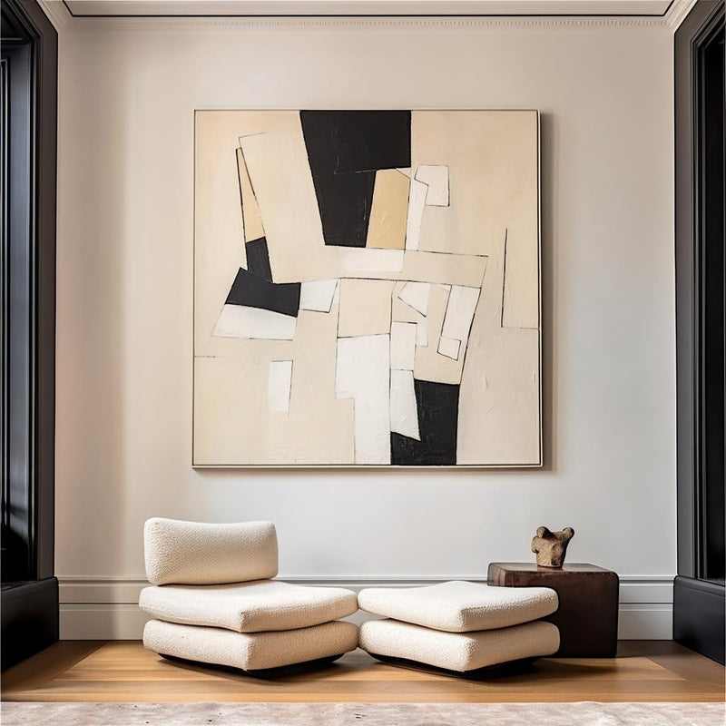 Black and Beige Minimalist Abstract Art On Canvas Modern Painting Abstract Painting For livingroom