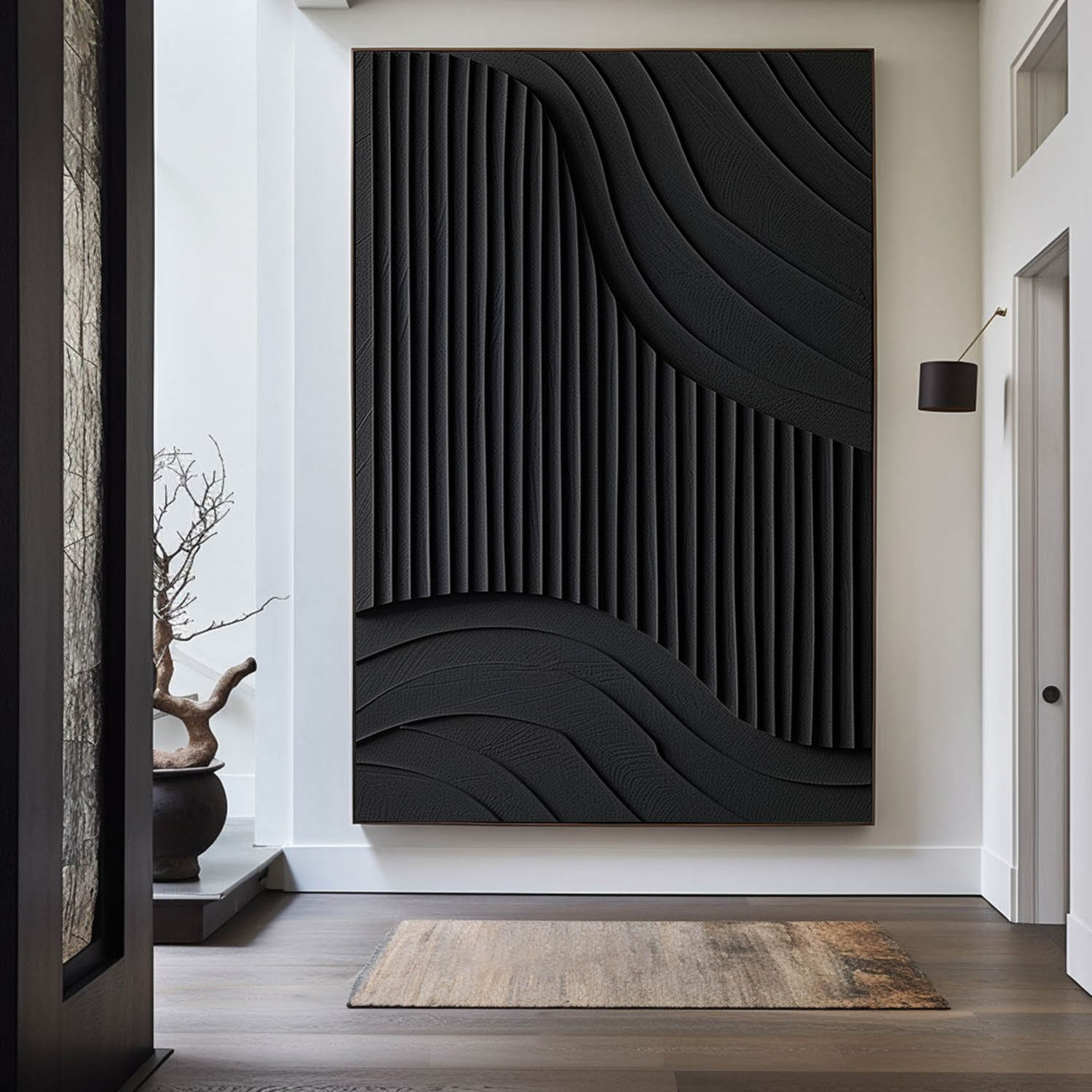 Black 3D Textured Painting Black  Large Plaster Wall Art  Black Minimalist Painting On Canvas