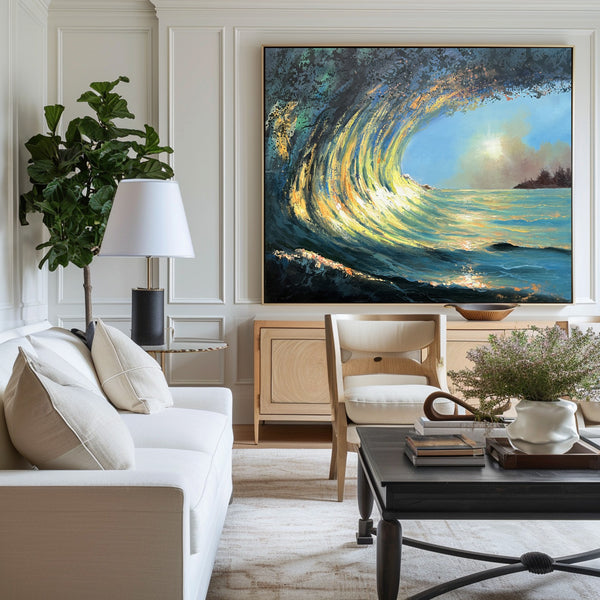 Sunrise And Wave Landscape Acrylic Painting Large Wave Canvas Art Huge Ocean Wave Art For Living Room Wall Art