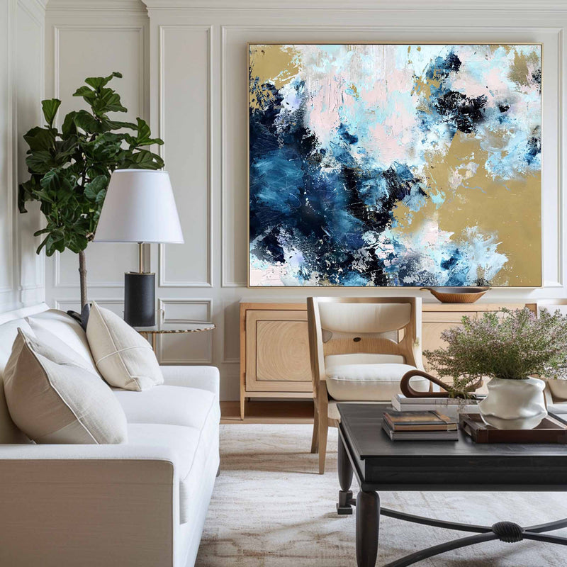 Blue And Gold Abstract Art Extra Large Modern Wall Art For Livingroom