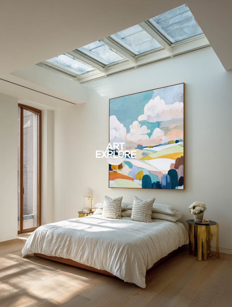 Textured Abstract Landscape Painting With Rolling Hills And Soft Colors For Modern Home Decor