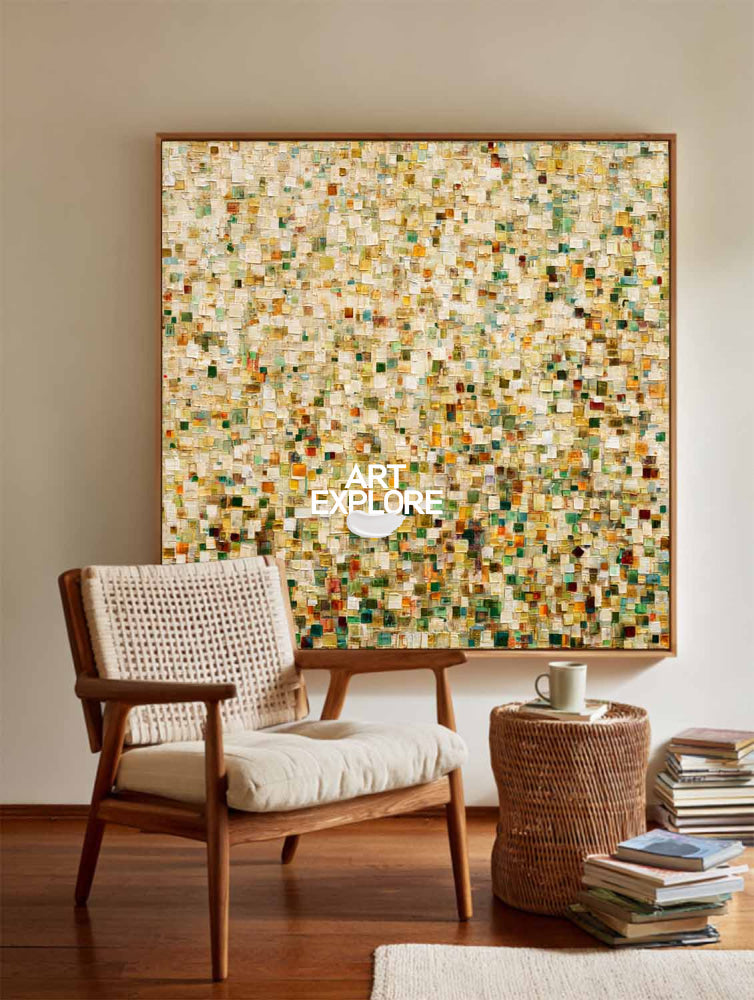 Abstract Mosaic Oil Painting With Vibrant Green And Gold Tones For Modern Living Room Decor
