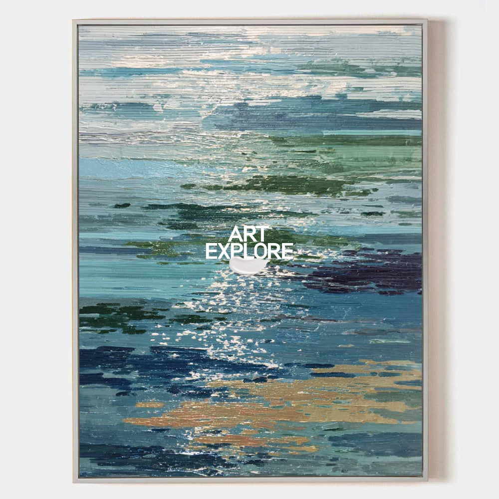 Abstract Seascape Painting With Blue Green Waves And Gold Accents For Modern Living Room Decor
