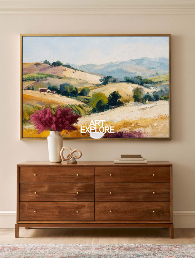 Golden Hillside Landscape Oil Painting With Textured Brushwork For Modern Living Room Decor