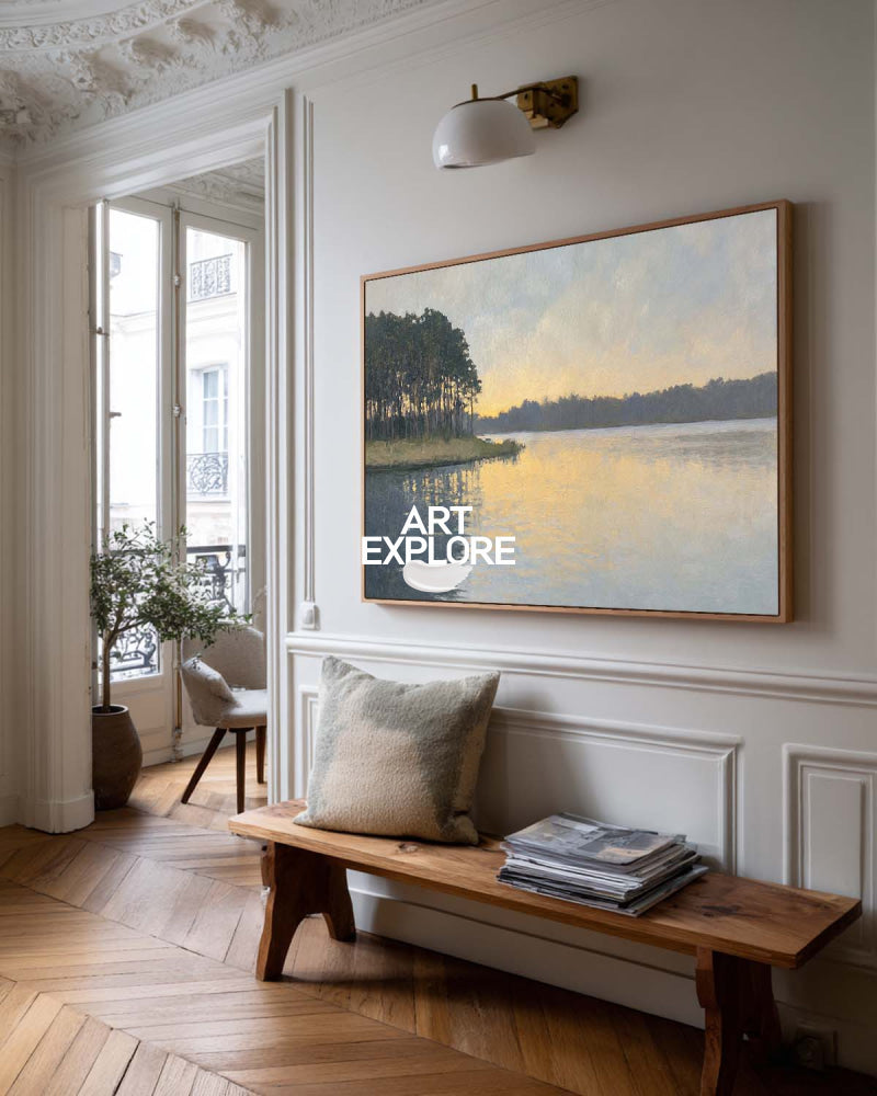 Serene Sunset Lake Painting With Forest Reflections For Modern Living Room Decor