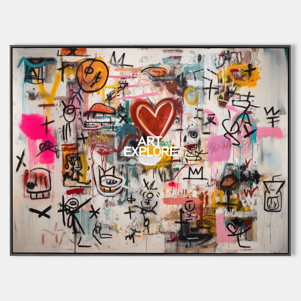 Vibrant Graffiti Abstract Art With Red Heart For Modern Living Room Decor