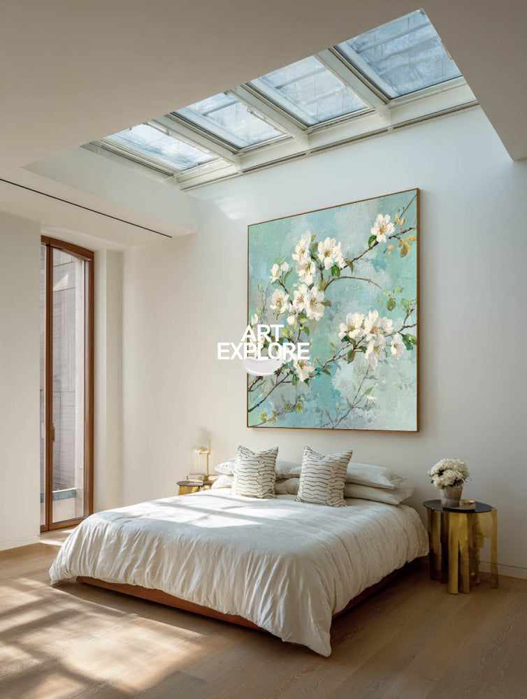 Modern White Blossom Art With Textured Green Leaves For Living Room