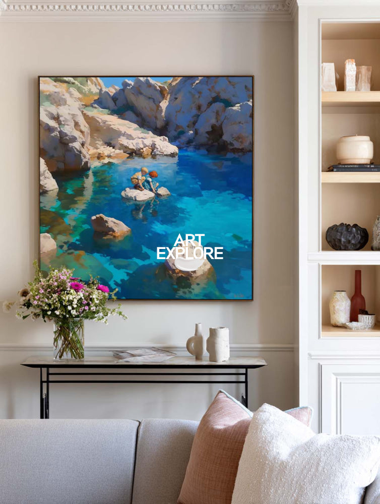 Abstract Turquoise Seascape Painting With Figures In Square Frame For Modern Home Decor