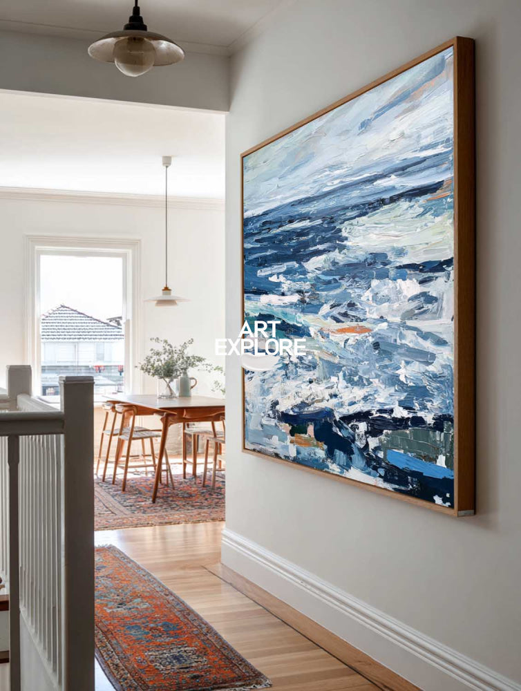 Abstract Ocean Painting Blue Seascape Art For Modern Home Decor