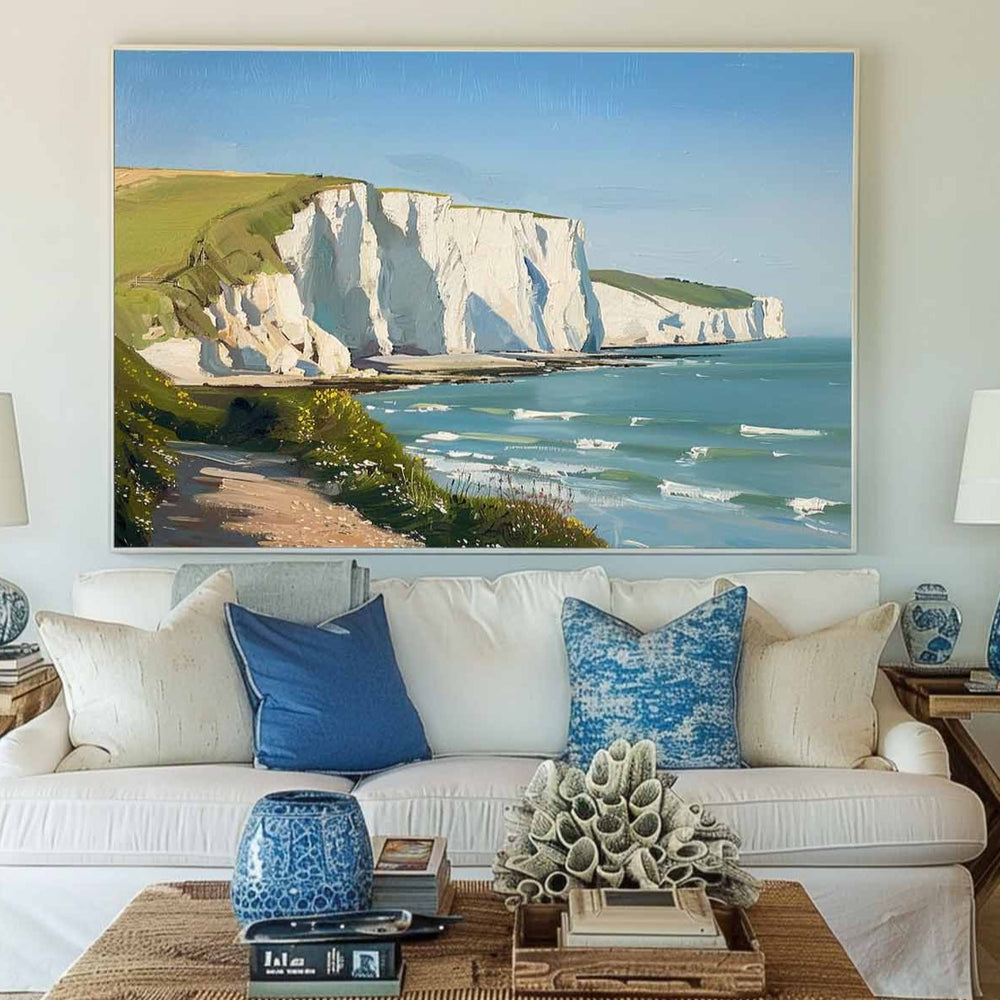 Beautiful White Cliff Oil Painting Oversize Horizontal Landscape