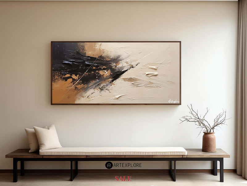 Large tan and beige abstract painting Japandi black beige wall art for livingroom