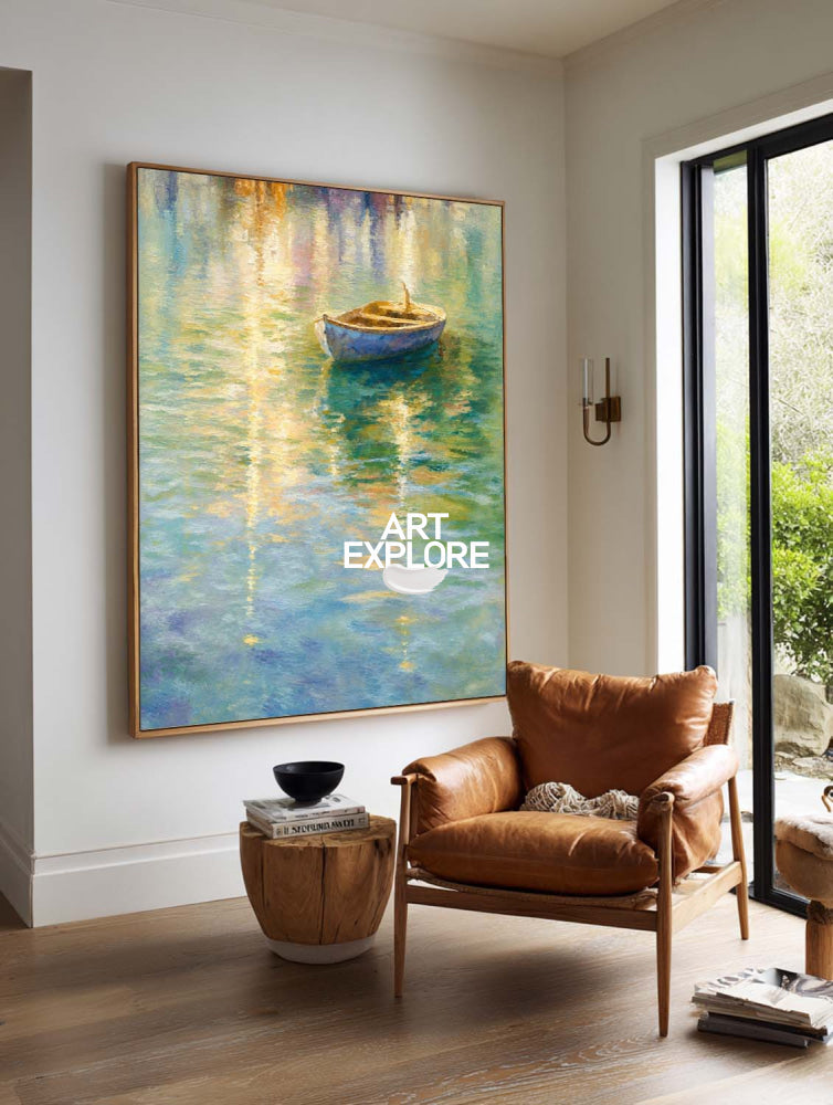 Modern Abstract Rowboat Painting For Living Room With Gold And Blue Tones
