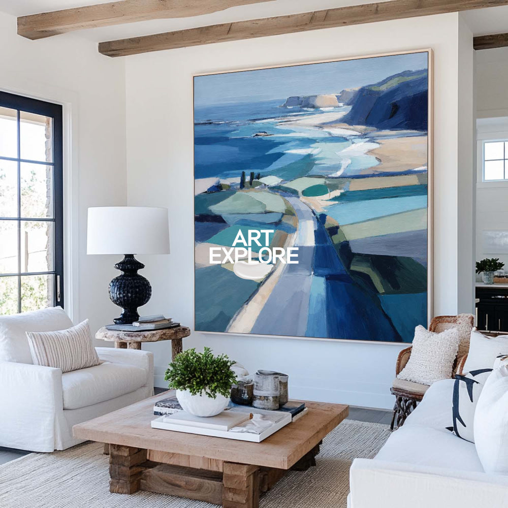 Abstract Blue Coastal Art Painting For Modern Living Room Decor With Ocean View
