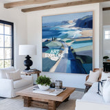 Abstract Blue Coastal Art Painting For Modern Living Room Decor With Ocean View