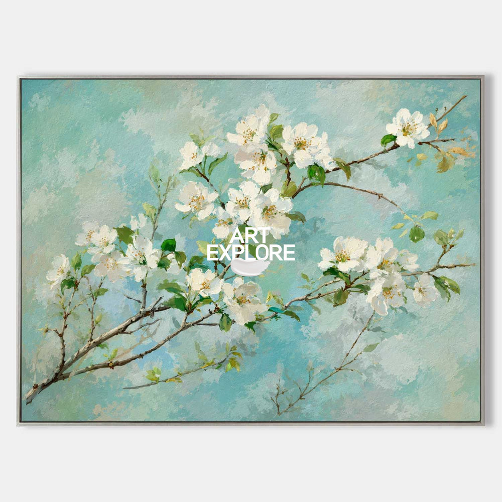 Abstract Impressionist Oil Painting Of Spring Flowers In Green And Blue Tones For Bedroom Wall Art