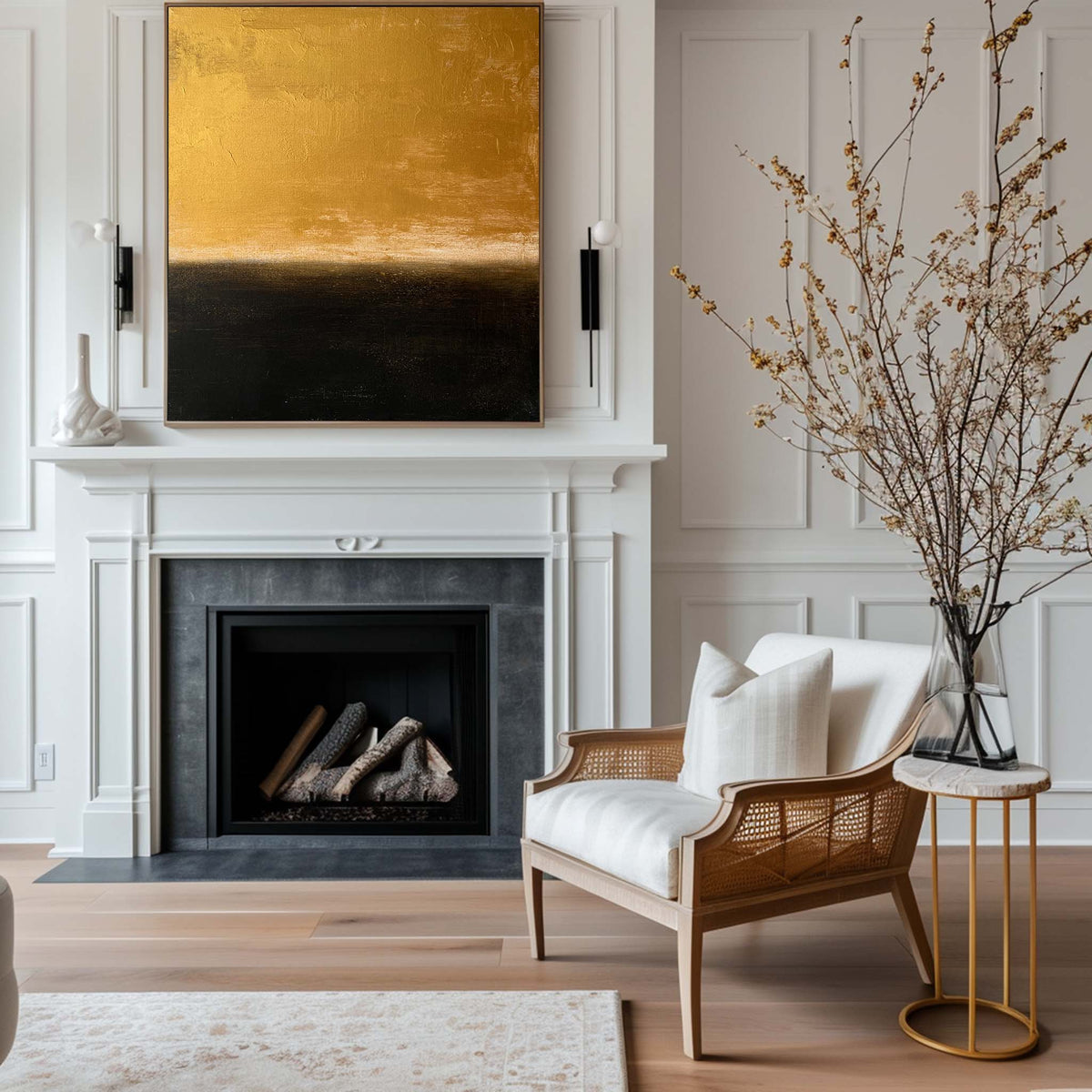 Modern Black And Gold Minimalist Painting Gold Abstract Acrylic Painting Livingroom Wall Art For Sale 