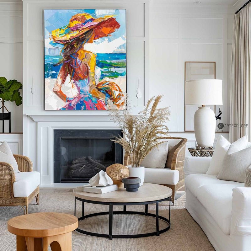 Girl On The Ocean Abstract Oil Painting, Joyful Woman At A Hawaiian Beach Art, Unique Colorful Art