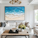 Large Ocean Wave Art Painting Horizontal Canvas Blue Plaster Ocean Paintings Rich Textured Wall Art