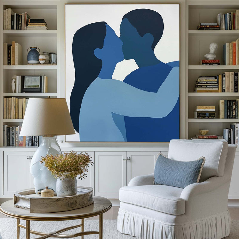 Modern Kissing Lovers Canvas Wall Art Blue Canvas Art Large Minimalist Portrait Painting For Sale