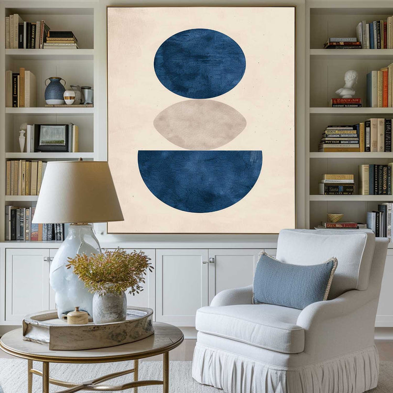 Large Beige And Blue Textured Geometric Painting Modern Minimalist Wall Art for Living Room