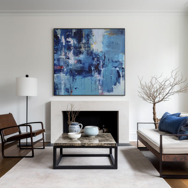 Large Blue Square Abstract Art Modern Blue Painting Abstract Framed Canvas Painting 