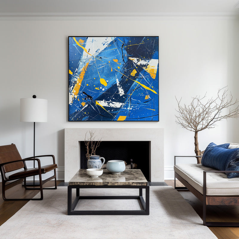 Modern Abstract Blue And Yellow Wall Art Original Colorful Canvas Painting For Living Room