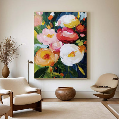 Modern Colorful Flowers Painting Bauhaus Wall Art Rich Textured Flowers Artworks Canvas Art for Livingroom