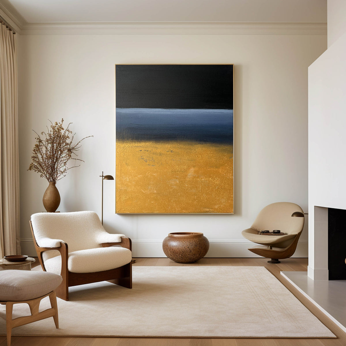 Modern Black Gold Blue Minimalist Painting Abstract Oil Painting Canvas Wall Art For Sale