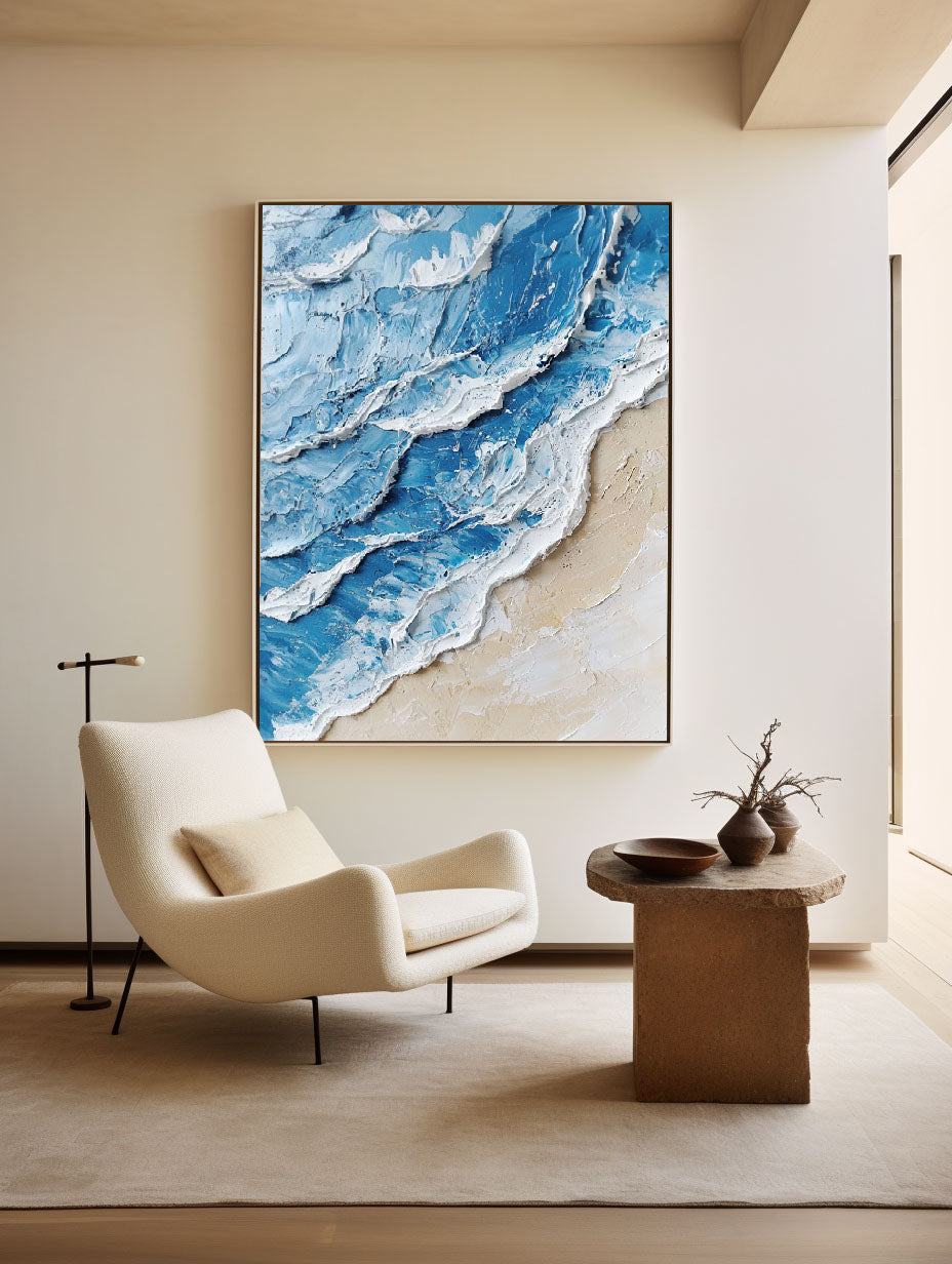 Large Blue Ocean Wave Wall Art Paintings White Blue Sea Art Painting Blue Textured Wall Art 