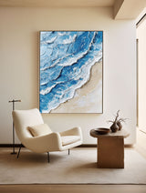 Large Blue Ocean Wave Wall Art Paintings White Blue Sea Art Painting Blue Textured Wall Art 