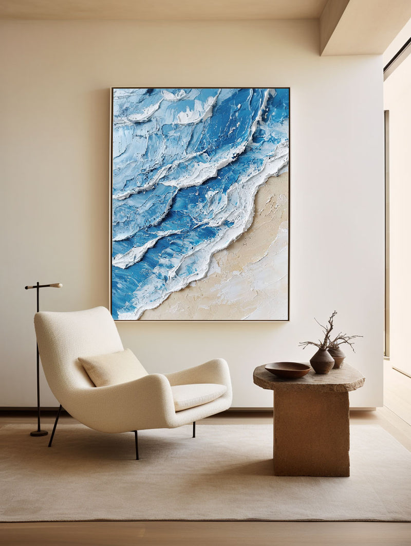 Large Blue Ocean Wave Wall Art Paintings White Blue Sea Art Painting Blue Textured Wall Art 