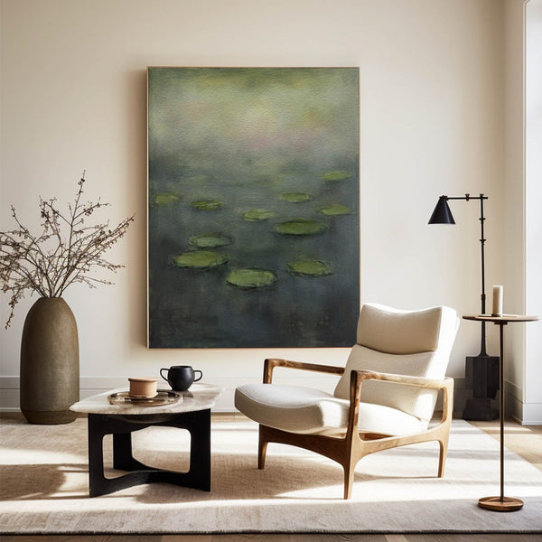 Green Lotus Pond Art Painting Lage Abstract Impressionist Paintings Vertical Artworks for Livingroom