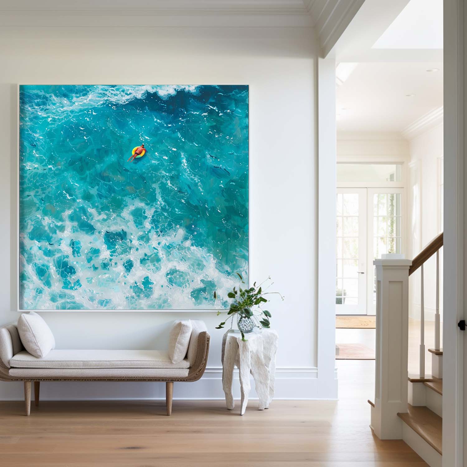 Abstract Modern Green Ocean Painting A people Floating in the Blue Green Sea Original Hand Painted Floating in the Ocean Acrylic Painting Art